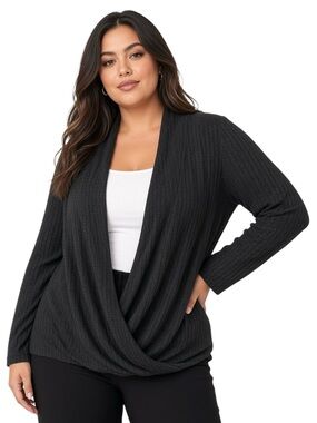 Draped Open-Front Plus-Size Sweater Cardigan - Black